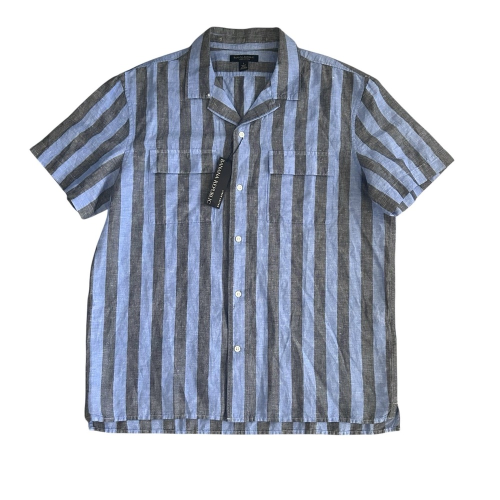 BANANA REPUBLIC Men's Resort Shirt Blue Striped Linen Short Sleeve Beach Large